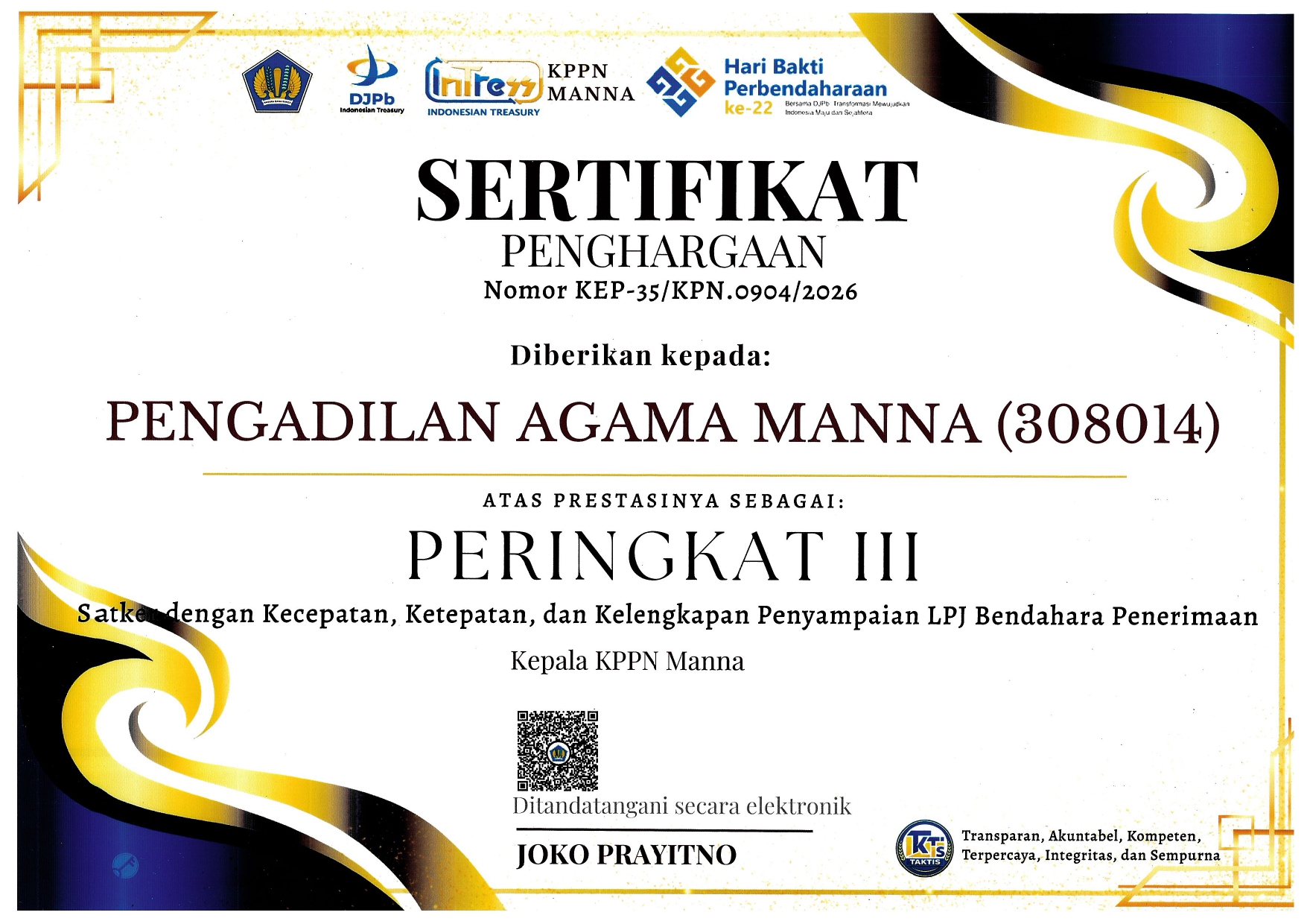 Peringkat III LPJ Bendahara Penerimaan