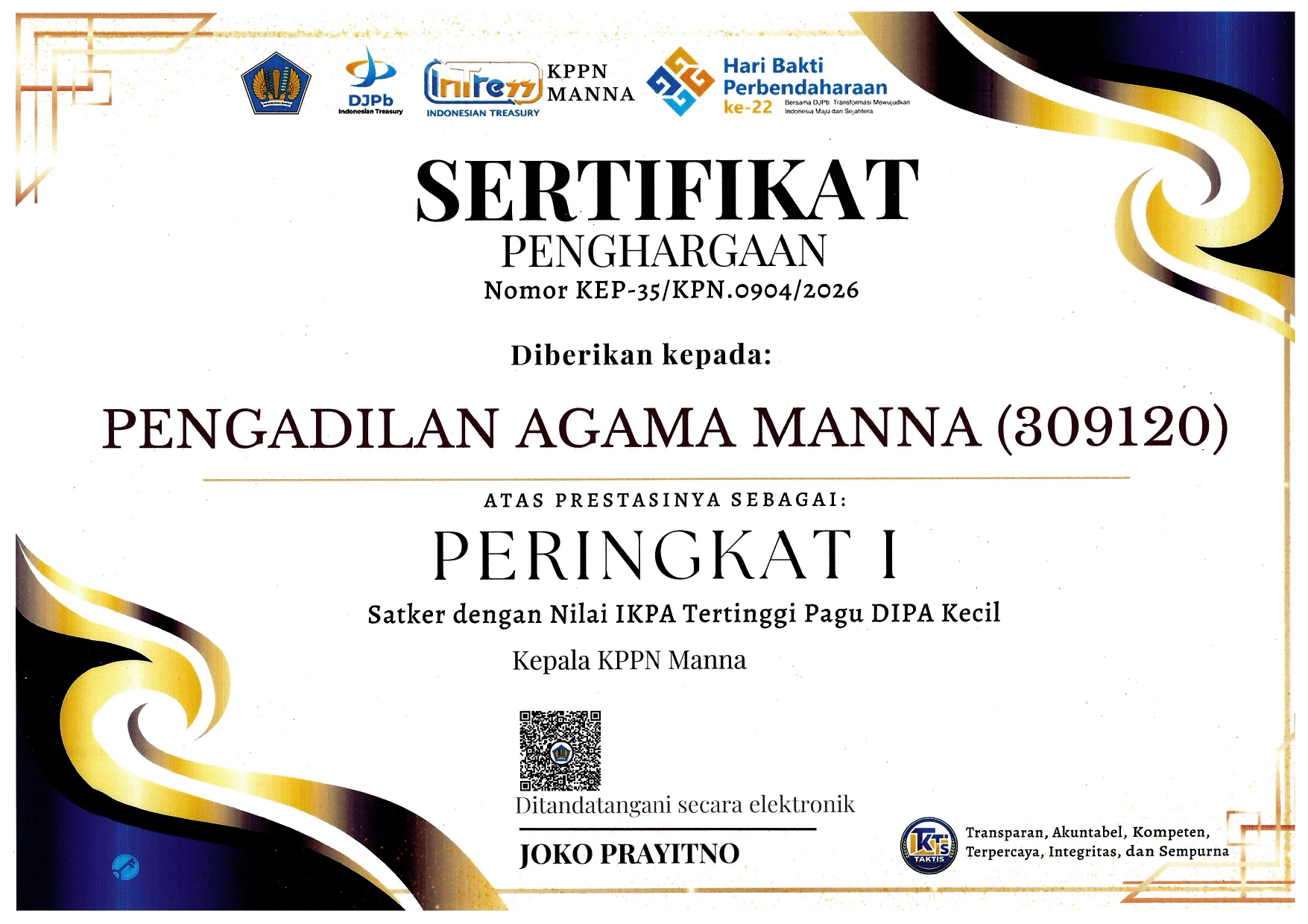 Peringkat I Nilai IKPA Tertinggi